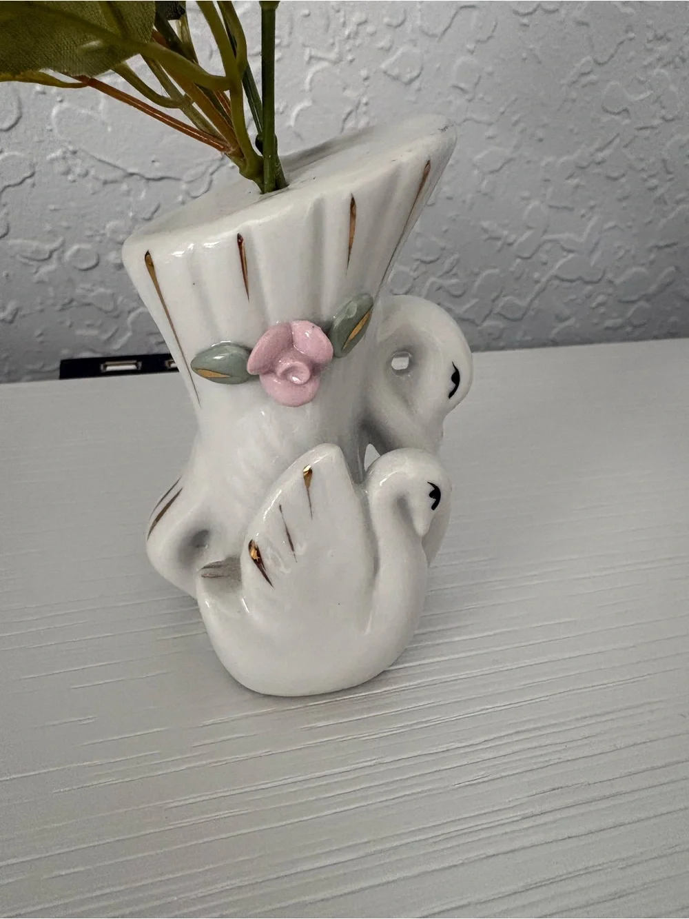 Set of 2 White Porcelain Swan Vase with Pink Floral Accent and 2 Doves in a hear